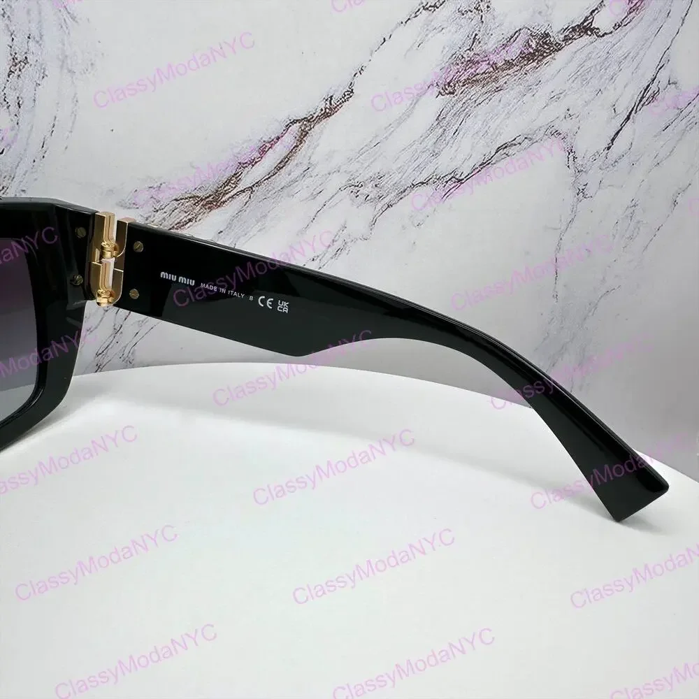 New MIU MIU Sunglasses Black Square 2026 Gold Metal Logo Women Authentic w/ Case